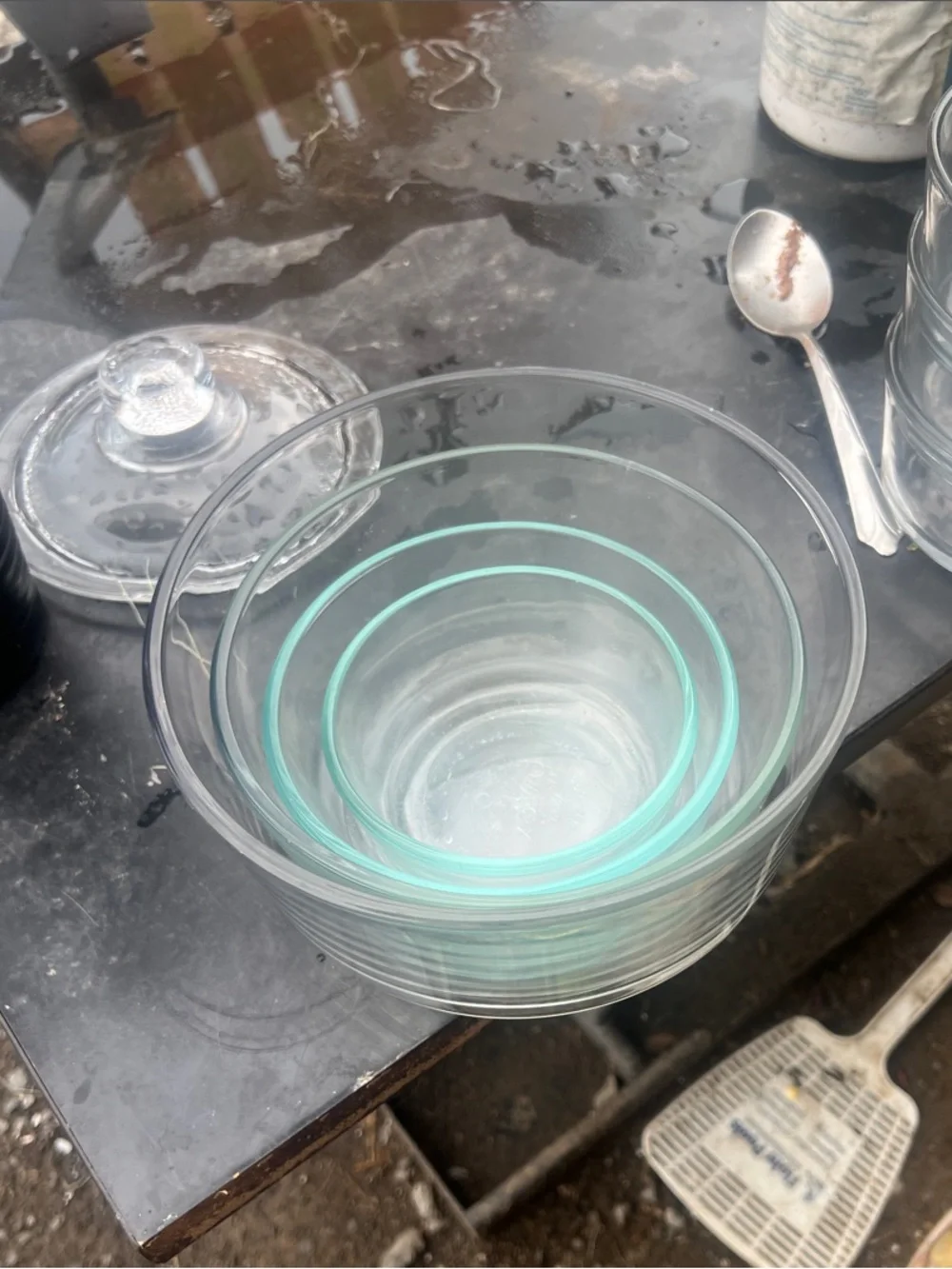 Vintagev Clear Glass Mixing Bowl Set with Light Aqua Accent - Home Kitchen